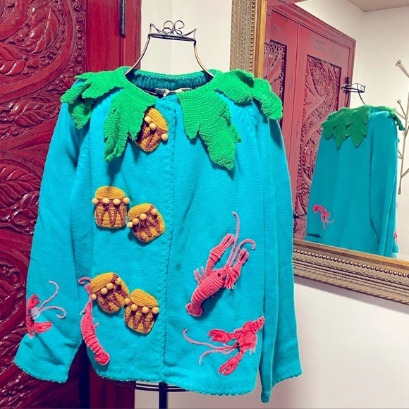 Vintage embroidered Michael Simon sweater cardigan beaded lobster designer rare - Picture 1 of 15